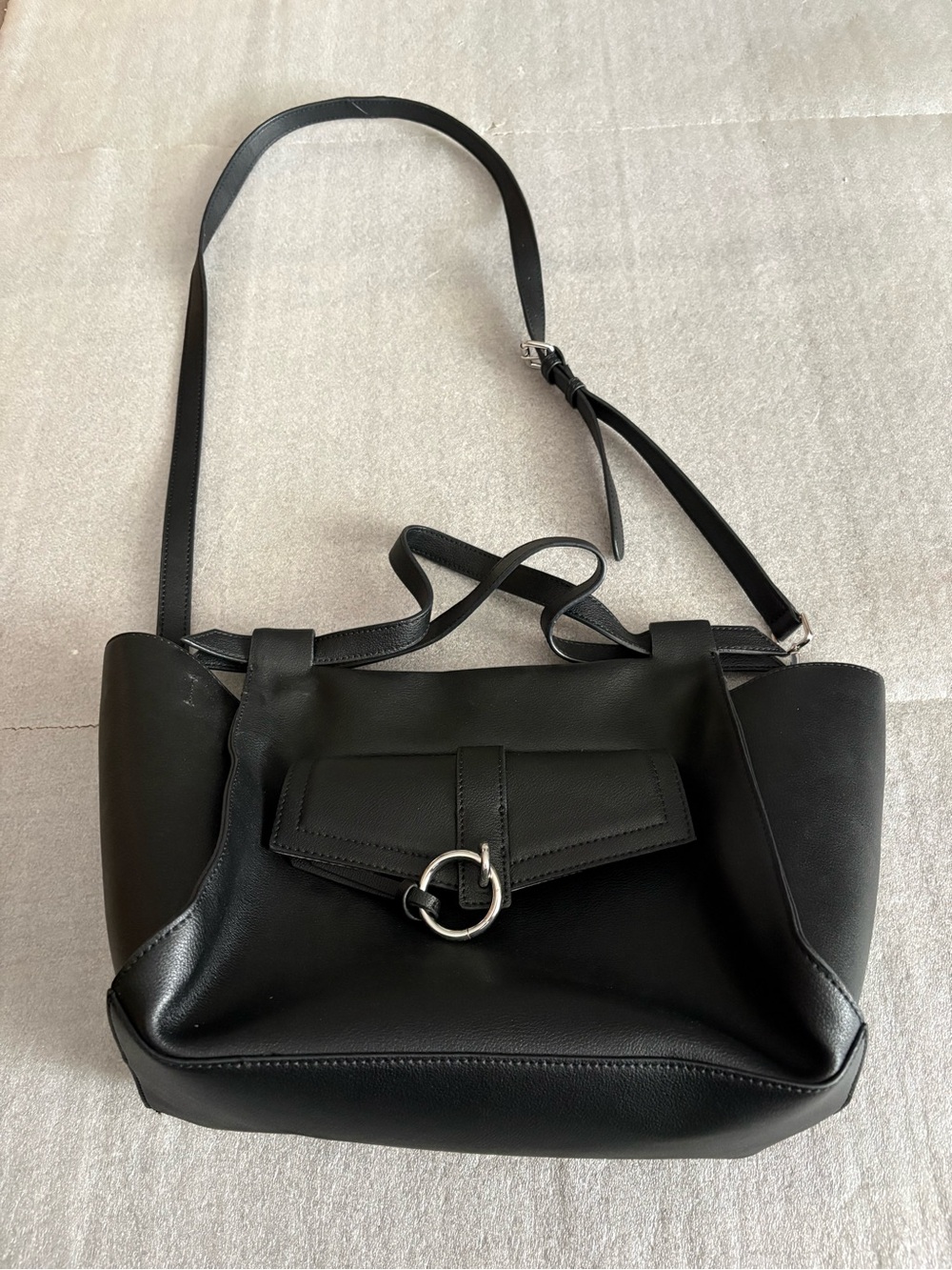Danielle Nicole Classic Black Leather Shoulder Tote Bag Silver Ring Detail